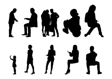 Vektör siluetleri, insanların ana hatları, Contour çizimleri, insanların siluetleri, ikon kümesi izole edilmiş, oturan insanların silueti, mimari set