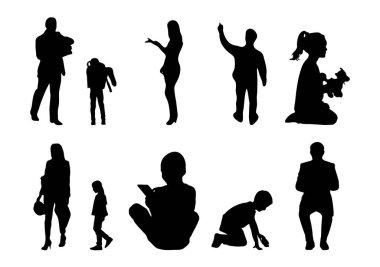 Vektör siluetleri, insanların ana hatları, Contour çizimleri, insanların siluetleri, ikon kümesi izole edilmiş, oturan insanların silueti, mimari set