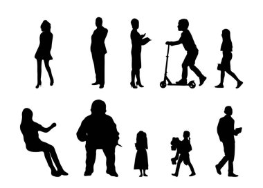 Vektör siluetleri, insanların ana hatları, Contour çizimleri, insanların siluetleri, ikon kümesi izole edilmiş, oturan insanların silueti, mimari set