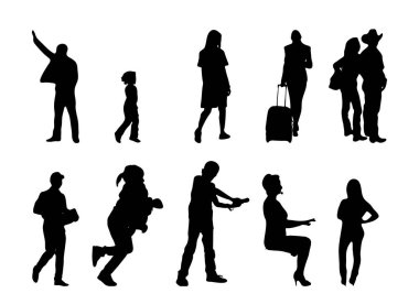 Vektör siluetleri, insanların ana hatları, Contour çizimleri, insanların siluetleri, ikon kümesi izole edilmiş, oturan insanların silueti, mimari set
