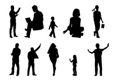 Vektör siluetleri, insanların ana hatları, Contour çizimleri, insanların siluetleri, ikon kümesi izole edilmiş, oturan insanların silueti, mimari set