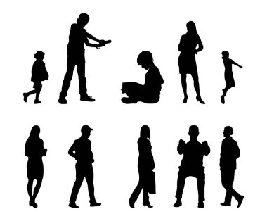 Vektör siluetleri, insanların ana hatları, Contour çizimleri, insanların siluetleri, ikon kümesi izole edilmiş, oturan insanların silueti, mimari set