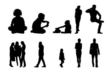Vektör siluetleri, insanların ana hatları, Contour çizimleri, insanların siluetleri, ikon kümesi izole edilmiş, oturan insanların silueti, mimari set
