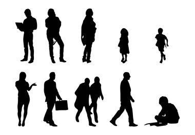 Vektör siluetleri, insanların ana hatları, Contour çizimleri, insanların siluetleri, ikon kümesi izole edilmiş, oturan insanların silueti, mimari set