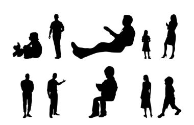 Vektör siluetleri, insanların ana hatları, Contour çizimleri, insanların siluetleri, ikon kümesi izole edilmiş, oturan insanların silueti, mimari set
