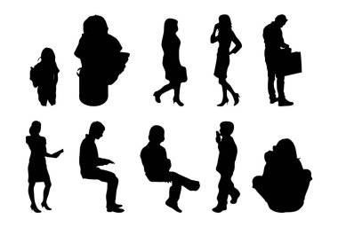 Vektör siluetleri, insanların ana hatları, Contour çizimleri, insanların siluetleri, ikon kümesi izole edilmiş, oturan insanların silueti, mimari set