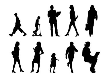 Vektör siluetleri, insanların ana hatları, Contour çizimleri, insanların siluetleri, ikon kümesi izole edilmiş, oturan insanların silueti, mimari set