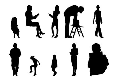 Vektör siluetleri, insanların ana hatları, Contour çizimleri, insanların siluetleri, ikon kümesi izole edilmiş, oturan insanların silueti, mimari set