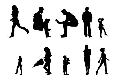 Vektör siluetleri, insanların ana hatları, Contour çizimleri, insanların siluetleri, ikon kümesi izole edilmiş, oturan insanların silueti, mimari set