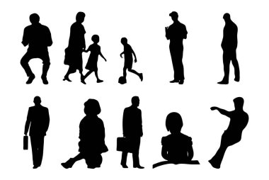 Vektör siluetleri, insanların ana hatları, Contour çizimleri, insanların siluetleri, ikon kümesi izole edilmiş, oturan insanların silueti, mimari set