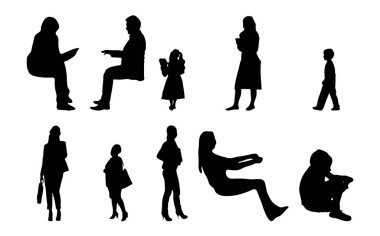 Vektör siluetleri, insanların ana hatları, Contour çizimleri, insanların siluetleri, ikon kümesi izole edilmiş, oturan insanların silueti, mimari set