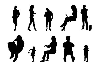Vektör siluetleri, insanların ana hatları, Contour çizimleri, insanların siluetleri, ikon kümesi izole edilmiş, oturan insanların silueti, mimari set