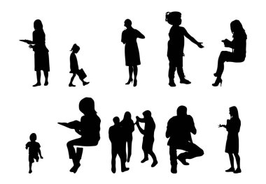 Vektör siluetleri, insanların ana hatları, Contour çizimleri, insanların siluetleri, ikon kümesi izole edilmiş, oturan insanların silueti, mimari set