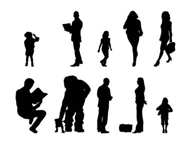 Vektör siluetleri, insanların ana hatları, Contour çizimleri, insanların siluetleri, ikon kümesi izole edilmiş, oturan insanların silueti, mimari set