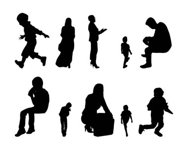Vektör siluetleri, insanların ana hatları, Contour çizimleri, insanların siluetleri, ikon kümesi izole edilmiş, oturan insanların silueti, mimari set