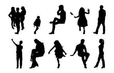 Vektör siluetleri, insanların ana hatları, Contour çizimleri, insanların siluetleri, ikon kümesi izole edilmiş, oturan insanların silueti, mimari set