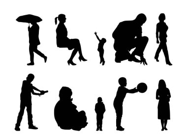 Vektör siluetleri, insanların ana hatları, Contour çizimleri, insanların siluetleri, ikon kümesi izole edilmiş, oturan insanların silueti, mimari set