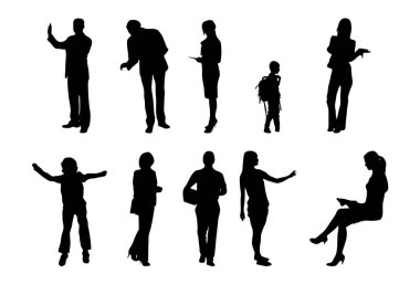 Vektör siluetleri, insanların ana hatları, Contour çizimleri, insanların siluetleri, ikon kümesi izole edilmiş, oturan insanların silueti, mimari set