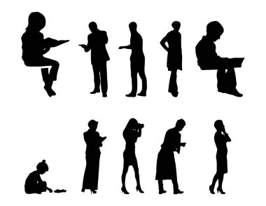 Vektör siluetleri, insanların ana hatları, Contour çizimleri, insanların siluetleri, ikon kümesi izole edilmiş, oturan insanların silueti, mimari set