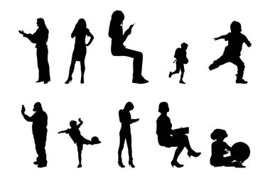 Vektör siluetleri, insanların ana hatları, Contour çizimleri, insanların siluetleri, ikon kümesi izole edilmiş, oturan insanların silueti, mimari set