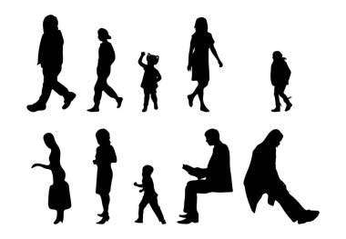Vektör siluetleri, insanların ana hatları, Contour çizimleri, insanların siluetleri, ikon kümesi izole edilmiş, oturan insanların silueti, mimari set