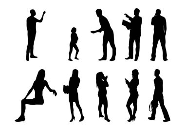Vektör siluetleri, insanların ana hatları, Contour çizimleri, insanların siluetleri, ikon kümesi izole edilmiş, oturan insanların silueti, mimari set