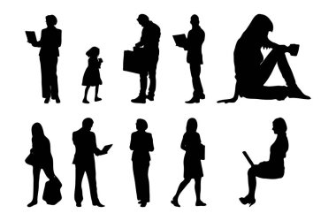Vektör siluetleri, insanların ana hatları, Contour çizimleri, insanların siluetleri, ikon kümesi izole edilmiş, oturan insanların silueti, mimari set
