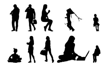 Vektör siluetleri, insanların ana hatları, Contour çizimleri, insanların siluetleri, ikon kümesi izole edilmiş, oturan insanların silueti, mimari set
