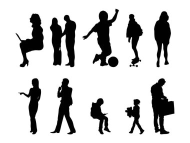 Vektör siluetleri, insanların ana hatları, Contour çizimleri, insanların siluetleri, ikon kümesi izole edilmiş, oturan insanların silueti, mimari set