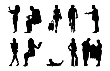 Vektör siluetleri, insanların ana hatları, Contour çizimleri, insanların siluetleri, ikon kümesi izole edilmiş, oturan insanların silueti, mimari set