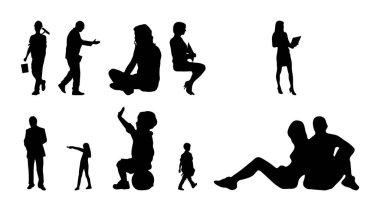 Vektör siluetleri, insanların ana hatları, Contour çizimleri, insanların siluetleri, ikon kümesi izole edilmiş, oturan insanların silueti, mimari set