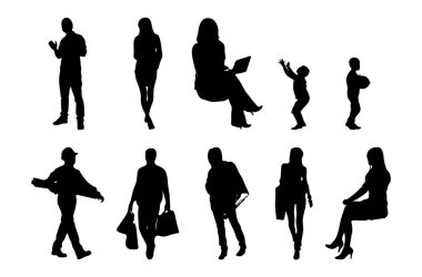 Vektör siluetleri, insanların ana hatları, Contour çizimleri, insanların siluetleri, ikon kümesi izole edilmiş, oturan insanların silueti, mimari set
