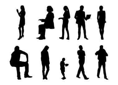 Vektör siluetleri, insanların ana hatları, Contour çizimleri, insanların siluetleri, ikon kümesi izole edilmiş, oturan insanların silueti, mimari set