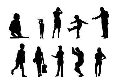 Vektör siluetleri, insanların ana hatları, Contour çizimleri, insanların siluetleri, ikon kümesi izole edilmiş, oturan insanların silueti, mimari set