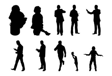 Vektör siluetleri, insanların ana hatları, Contour çizimleri, insanların siluetleri, ikon kümesi izole edilmiş, oturan insanların silueti, mimari set