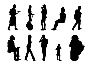 Vektör siluetleri, insanların ana hatları, Contour çizimleri, insanların siluetleri, ikon kümesi izole edilmiş, oturan insanların silueti, mimari set