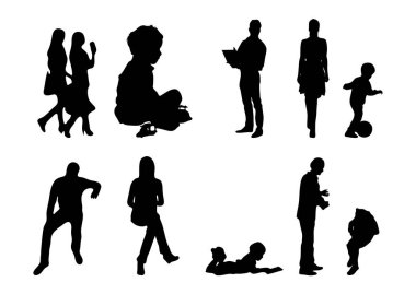 Vektör siluetleri, insanların ana hatları, Contour çizimleri, insanların siluetleri, ikon kümesi izole edilmiş, oturan insanların silueti, mimari set
