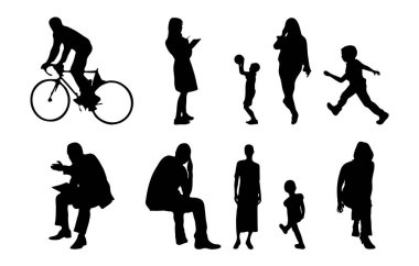 Vektör siluetleri, insanların ana hatları, Contour çizimleri, insanların siluetleri, ikon kümesi izole edilmiş, oturan insanların silueti, mimari set