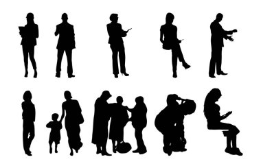 Vektör siluetleri, insanların ana hatları, Contour çizimleri, insanların siluetleri, ikon kümesi izole edilmiş, oturan insanların silueti, mimari set
