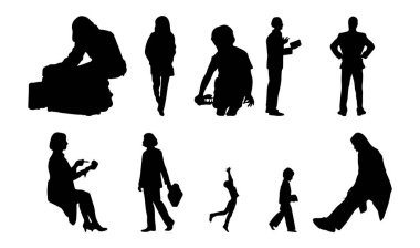 Vektör siluetleri, insanların ana hatları, Contour çizimleri, insanların siluetleri, ikon kümesi izole edilmiş, oturan insanların silueti, mimari set