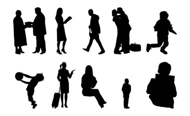 Vektör siluetleri, insanların ana hatları, Contour çizimleri, insanların siluetleri, ikon kümesi izole edilmiş, oturan insanların silueti, mimari set