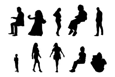 Vektör siluetleri, insanların ana hatları, Contour çizimleri, insanların siluetleri, ikon kümesi izole edilmiş, oturan insanların silueti, mimari set