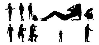 Vektör siluetleri, insanların ana hatları, Contour çizimleri, insanların siluetleri, ikon kümesi izole edilmiş, oturan insanların silueti, mimari set