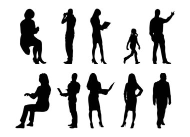 Vektör siluetleri, insanların ana hatları, Contour çizimleri, insanların siluetleri, ikon kümesi izole edilmiş, oturan insanların silueti, mimari set