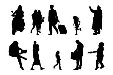 Vektör siluetleri, insanların ana hatları, Contour çizimleri, insanların siluetleri, ikon kümesi izole edilmiş, oturan insanların silueti, mimari set
