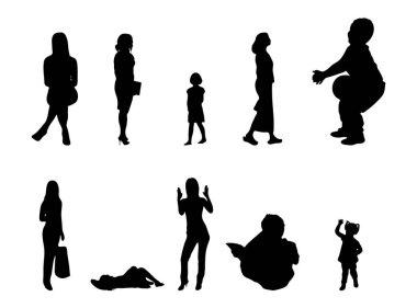 Vektör siluetleri, insanların ana hatları, Contour çizimleri, insanların siluetleri, ikon kümesi izole edilmiş, oturan insanların silueti, mimari set