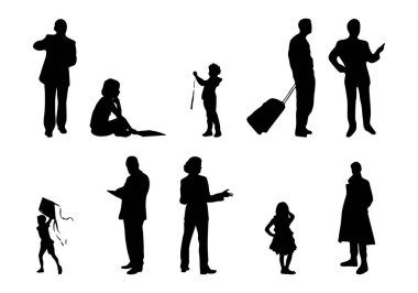 Vektör siluetleri, insanların ana hatları, Contour çizimleri, insanların siluetleri, ikon kümesi izole edilmiş, oturan insanların silueti, mimari set