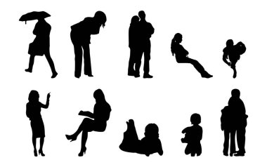 Vektör siluetleri, insanların ana hatları, Contour çizimleri, insanların siluetleri, ikon kümesi izole edilmiş, oturan insanların silueti, mimari set