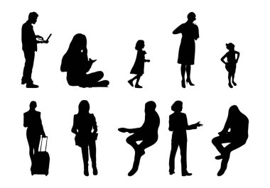 Vektör siluetleri, insanların ana hatları, Contour çizimleri, insanların siluetleri, ikon kümesi izole edilmiş, oturan insanların silueti, mimari set