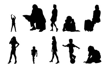 Vektör siluetleri, insanların ana hatları, Contour çizimleri, insanların siluetleri, ikon kümesi izole edilmiş, oturan insanların silueti, mimari set